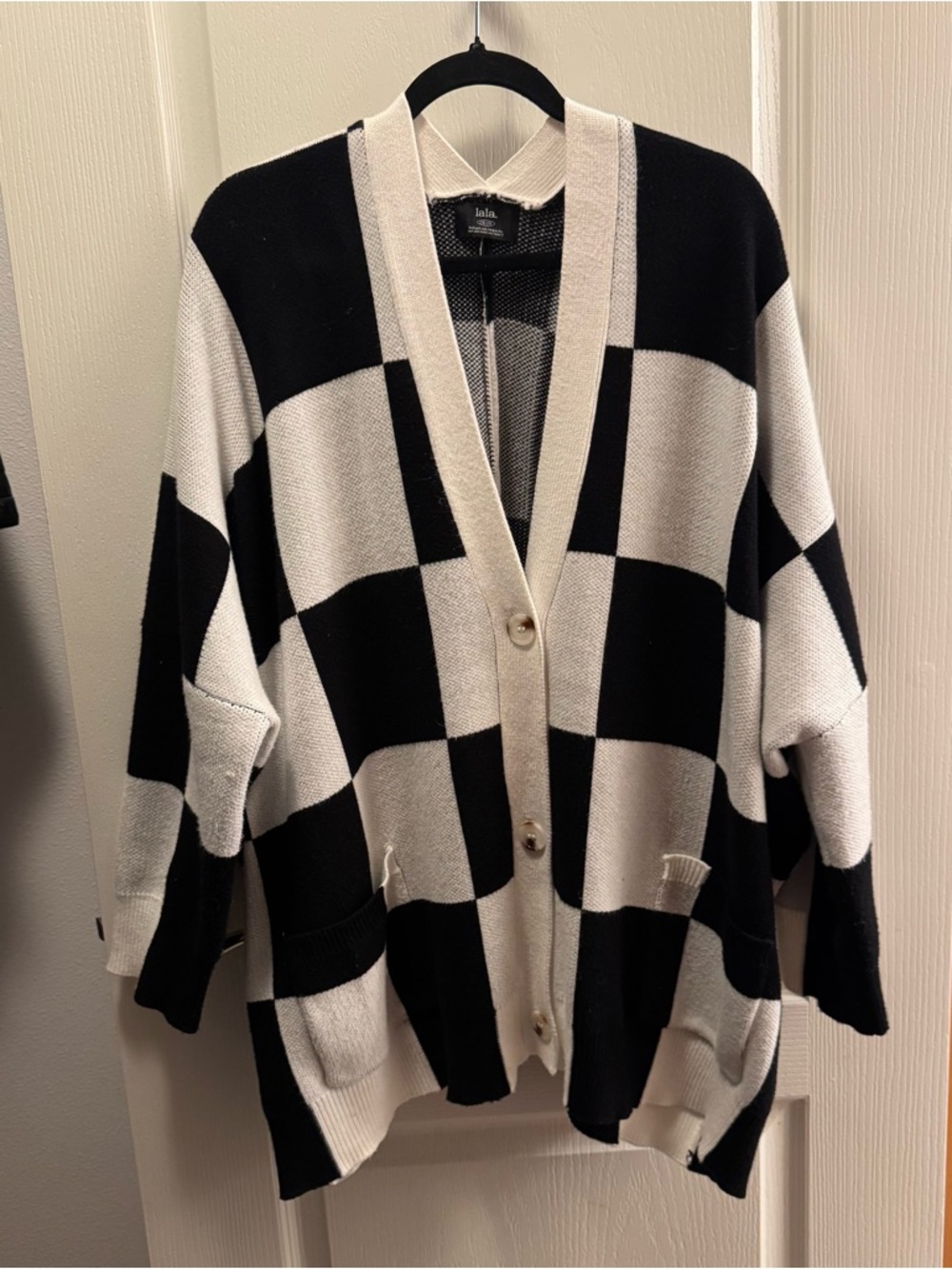 Dressed in LALA Oversized Black & White Checkerboard Cardigan Size 2X/3X